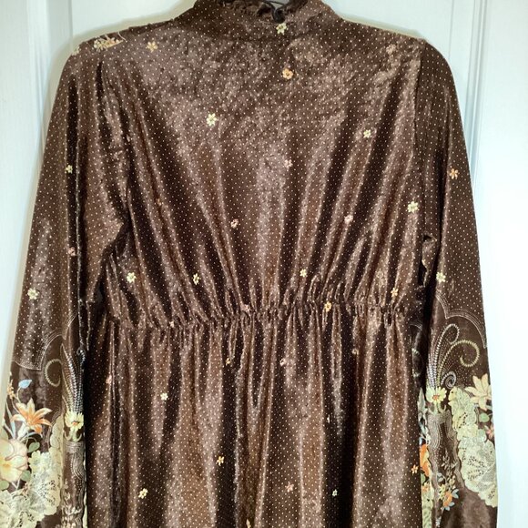213 Women's Brown Dress Crush Velvet Vintage Retro Style Ruffles Long Sleeves - Picture 9 of 12